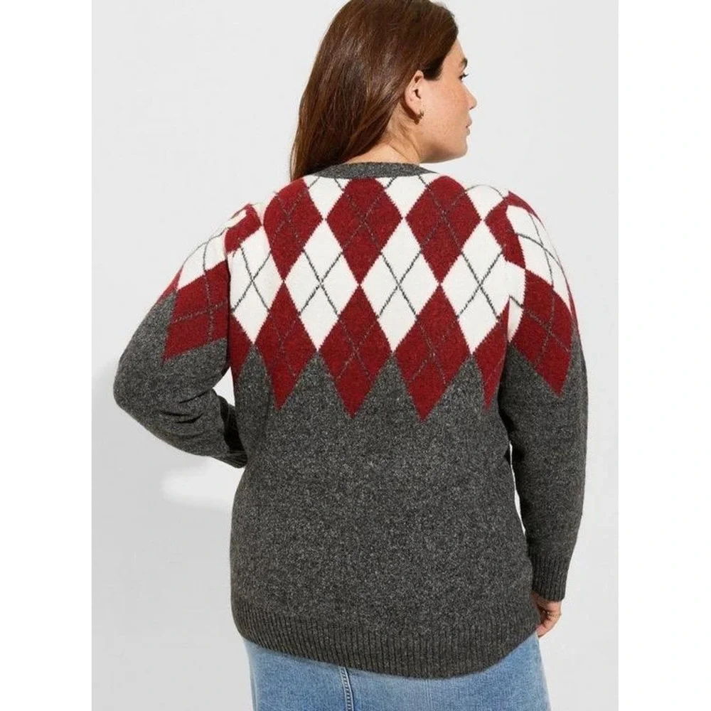Torrid Argyle ‎ Vegan Cashmere Long Sleeve Crew Neck Sweater Size 1